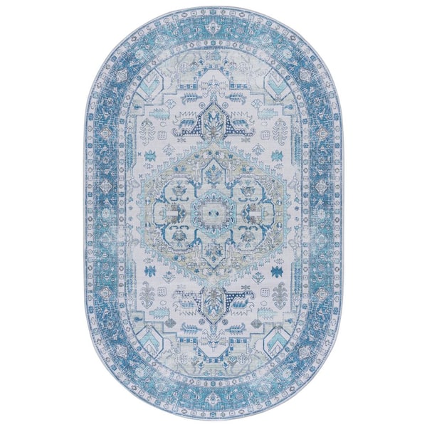 Arizona 5 ft. x 8 ft. Beige/Blue Machine Washable Traditional Medallion Oval Area Rug