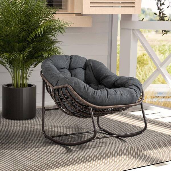 Brown Wicker Outdoor Rocking Chair with Gray Cushion FCBF11-434