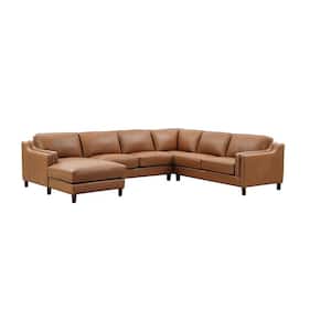 Bella 132 in. Square Arm 4-Piece Leather Lawson 6-Seater Sectional Sofa in Brown w/Left Facing Chaise