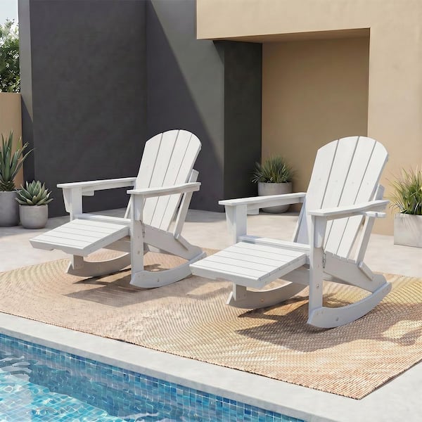 White HDPE Plastic Folding Adirondack Rocking Chair Set of 2 with Retractable Ottoman and Cup Holder