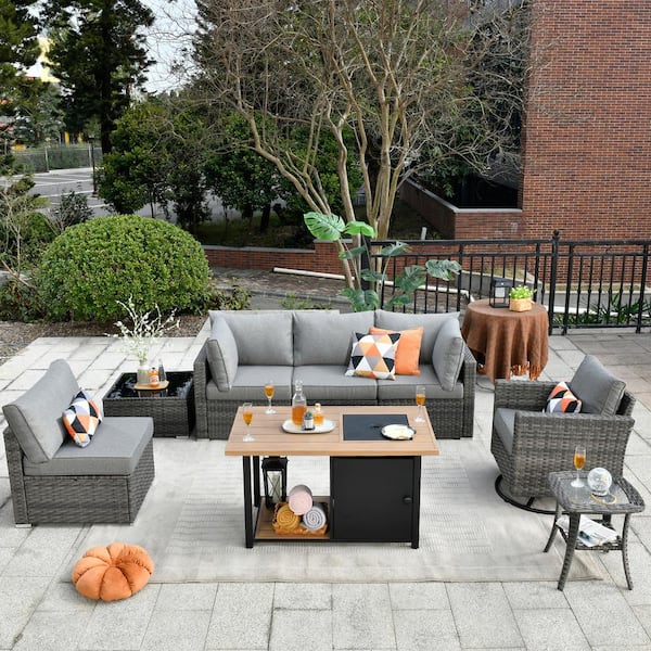 OVIOS Hippish Gray 8-Piece Wicker Outdoor Patio Fire Pit Table Conversation Seating Set with Dark Gray Cushions