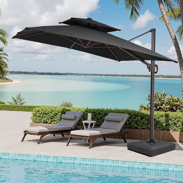 Pellebant 11 ft. x 9 ft. Rectangular Aluminum 2-Tier Top Tilt Cantilever Patio Umbrella in Black with 350 lbs. Wheeled Base UB008PU058BLK - The Home Depot Pellebant 11 ft. x 9 ft. Rectangular Aluminum 2-Tier Top Tilt Cantilever Patio Umbrella in Black with 350 lbs. Wheeled Base UB008PU058BLK - The Home Depot