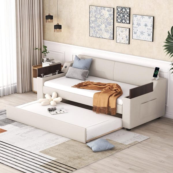 Harper & Bright Designs Beige Twin Size Upholstered Daybed with Trundle, Flip-top Storage Arms, USB Charging Stations and 2 Storage Bags