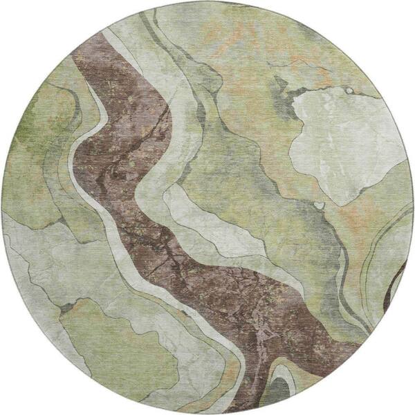 Mayfield Premium Machine Washable Abstract AMF2219 Aloe 8 ft. x 8 ft. Round Rug