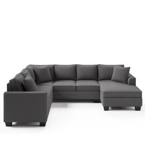 110 in. W Square Arm 3-piece Polyester U-shaped Modern Sectional Sofa in Dark Gray with High Density Foam with 3-Pillows
