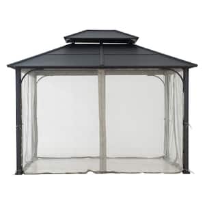 10 ft. x 12 ft. Black Steel Gazebo with 2-tier Hip Roof Hardtop and Ceiling Hook and Removable Netting Sidewalls