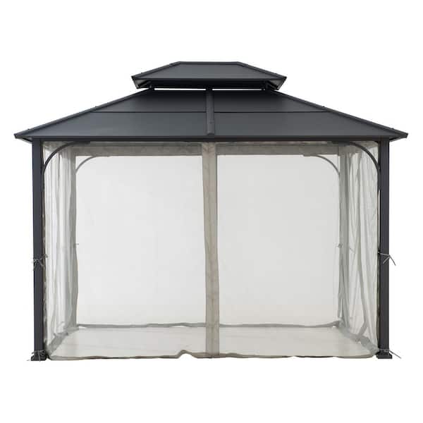 Sunjoy 10 ft. x 12 ft. Black Steel Hardtop Gazebo with 2-Tier Hip Roof and Ceiling Hook and Removable Netting Sidewalls
