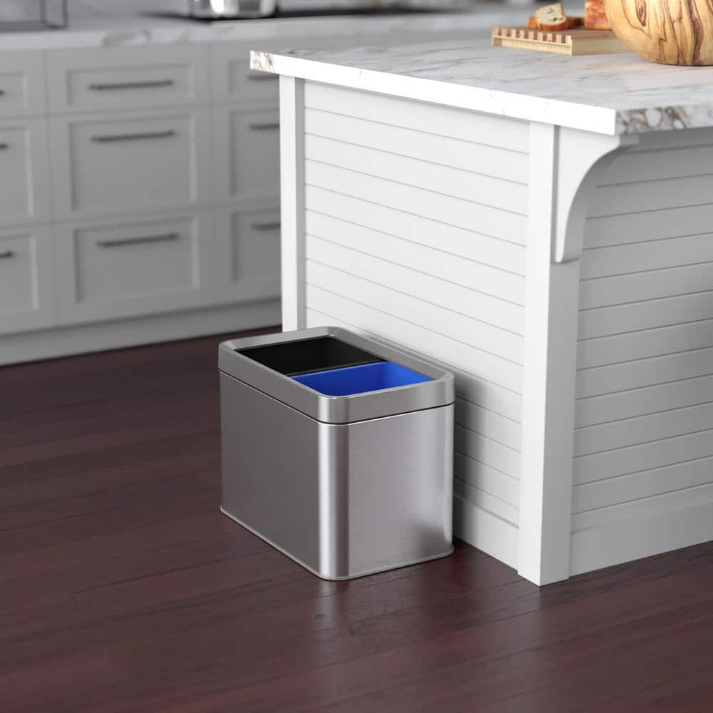 Brushed Silver Stainless Steel Dual Compartment Trash and Recycle Bin