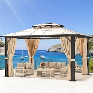 13 ft. x 10 ft. Double Polycarbonate Roof Gazebo with Aluminum Frame, Hooks, Curtains and Netting for Backyard, Patio
