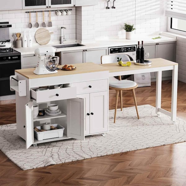 Polibi White Wood 74.5 in. Kitchen Island on Wheels with Extendable Dining Table,Spice Rack and 2 Drawers,4 Door Cabinet