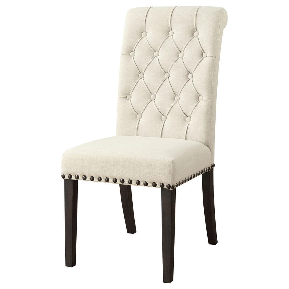 High-Back Beige Linen Upholstered Side Chair with Tufted Detail