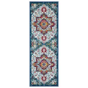 Ottohome Collection Non-Slip Rubberback Medallion 2x5 Indoor Runner Rug, 1 ft. 8 in. x 4 ft. 11 in., Blue/Off White