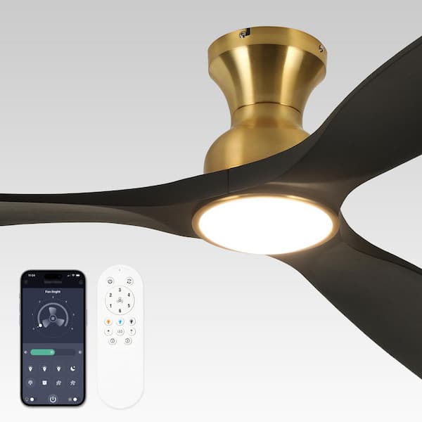 52 in. Indoor Matte Black Gold Brushed Low Profile Standard 3 Colors LED Flush Mount Ceiling Fan with Light Kit