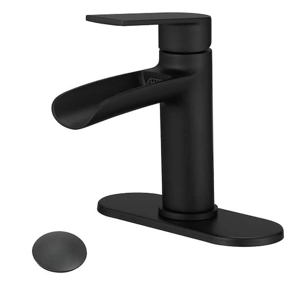Single Handle Single Hole Waterfall Bathroom Sink Faucet w/ Pop-Up Drain Assembly and Deckplate Modern Taps Matte Black