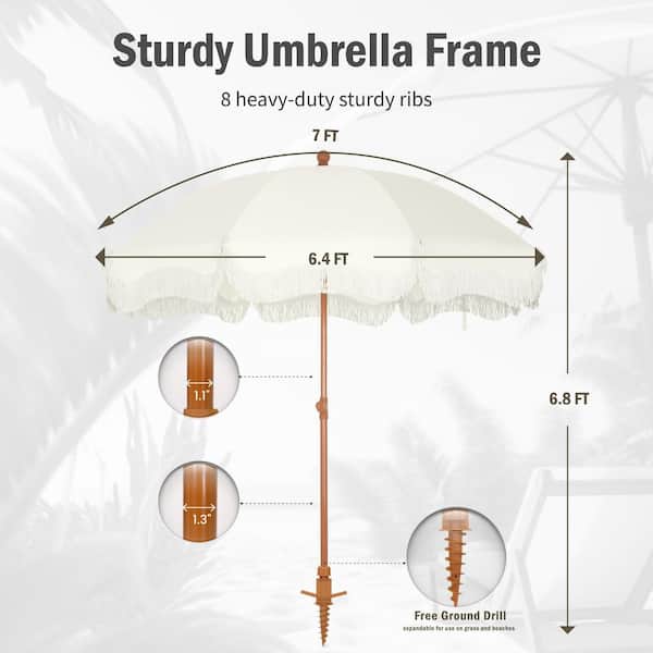 PHI VILLA 7 ft. Metal Beach Umbrella in White with Tassel PHI VILLA 7 ft. Metal Beach Umbrella in White with Tassel
