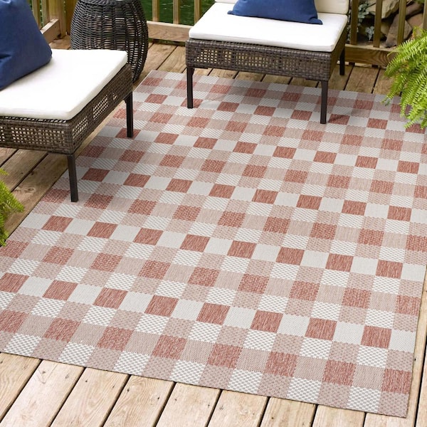JONATHAN Y Darcy Traditional Geometric Bold Gingham Salmon/Cream 3 ft. x 5 ft. Indoor/Outdoor Area Rug