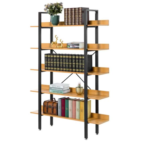 FABULAXE Industrial 67.5 in. Brown Wood and Metal 5-Shelf Etagere Bookcase  Open Storage Free Standing Bookshelf QI003995.L - The Home Depot