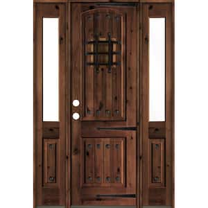 58 in. x 96 in. Medit. Knotty Alder Right-Hand/Inswing Clear Glass Red Mahogany Stain Wood Prehung Front Door w/DHSL