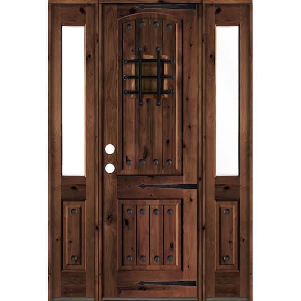 Krosswood Doors 58 in. x 96 in. Medit. Knotty Alder Right-Hand/Inswing Clear Glass Red Mahogany Stain Wood Prehung Front Door w/DHSL