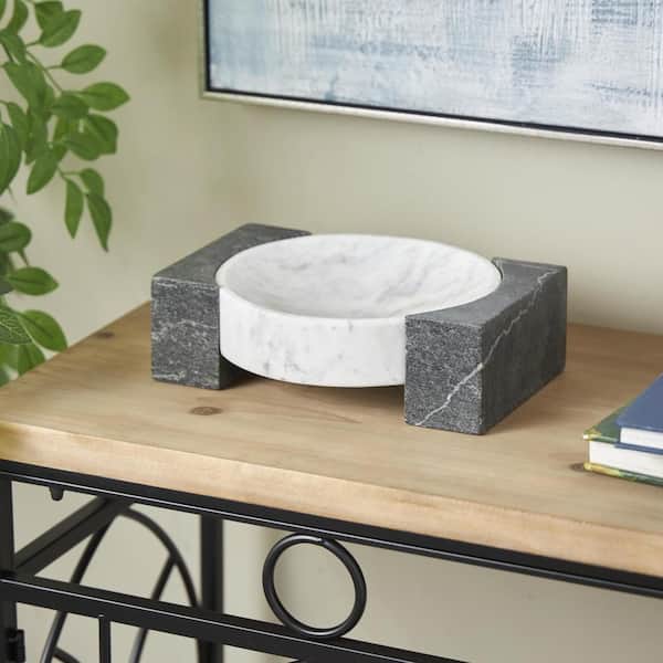 White Marble Round Geometric Decorative Tray with Black Rectangular Blocks