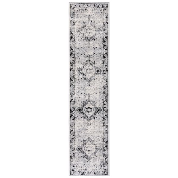 Brentwood 2 ft. x 9 ft. Black/Ivory Diamond Medallion Border Runner Rug