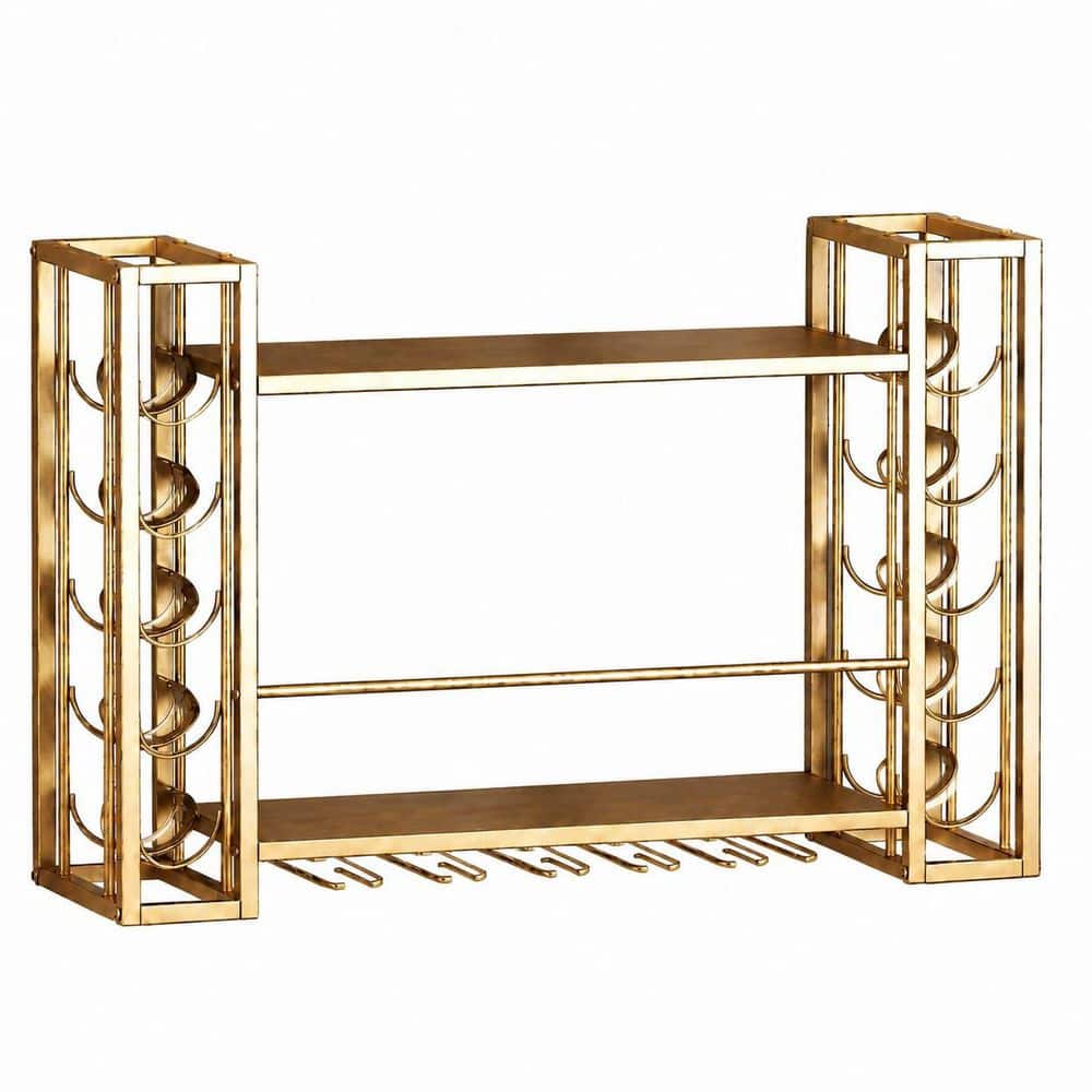 31.5 in. Gold Wall-Mounted Wine Rack with Wine Glass Rack, 2-Tier Metal Shelf for Home Bar Storage