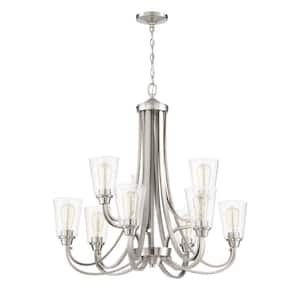 Grace 9-Light Brushed Polished Nickel Finish with Seeded Glass Chandelier for Kitchen/Dining/Foyer, No Bulbs Included