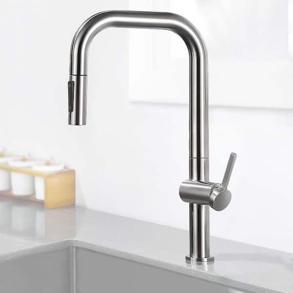 18 in. Single Handle Pull Down Sprayer Kitchen Faucet with 360° Spout Swivel in Brushed Nickel