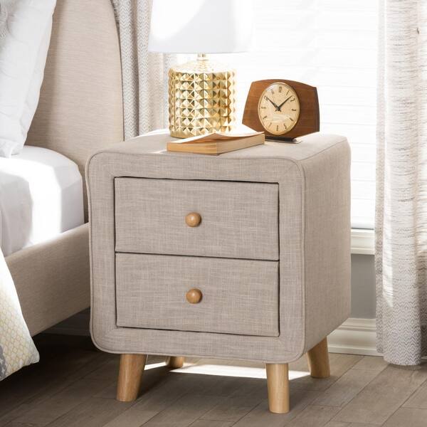 Baxton Studio Jonesy 2 Drawer Mid Century Beige Fabric Nightstand