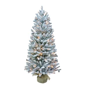 4 ft. Green Pre-Lit Flocked Fir Artificial Christmas Tree with Pines Cones and 100-Lights