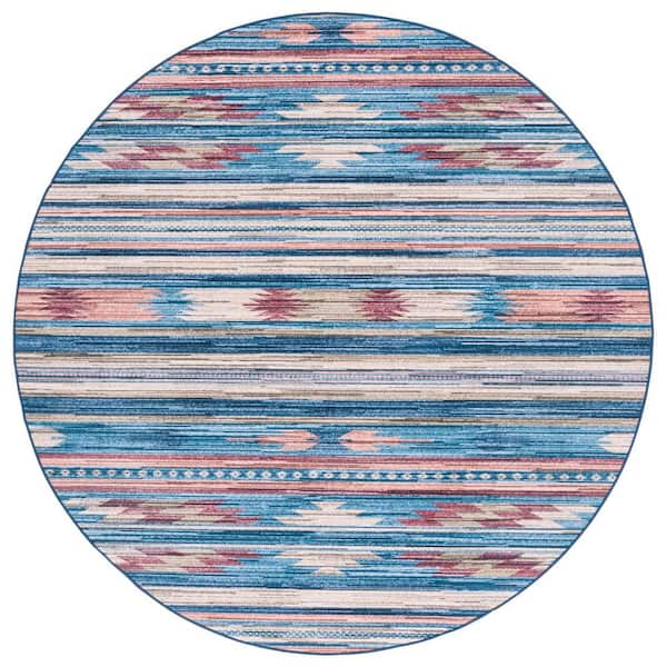 SAFAVIEH Arizona Blue/Rust 6 ft. x 6 ft. Striped Aztec Machine Washable Round Area Rug