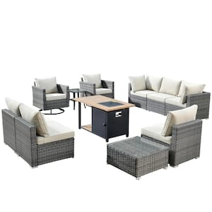 Hippish Gray 11-Piece Wicker Patio Fire Pit Table Conversation Set with Beige Cushions and Swivel Rocking Chairs