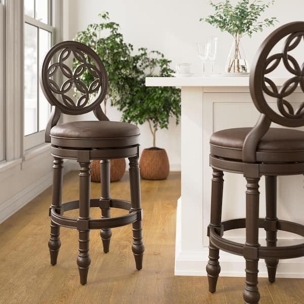 Tiffany 31 in. Rich Walnut Wood Swivel Bar Stool with Back with Brown Faux Leather Seat