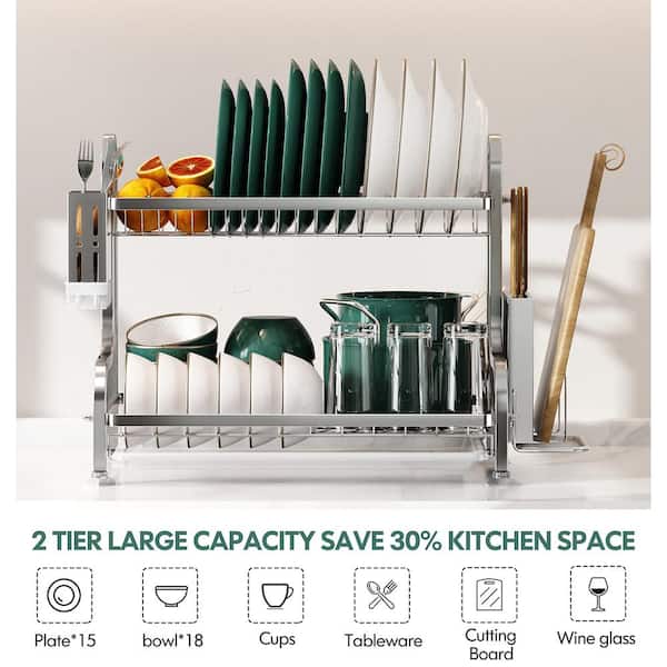 Large Dish Drying Rack with Drainboard, 2 Tier Stainless Steel Drying