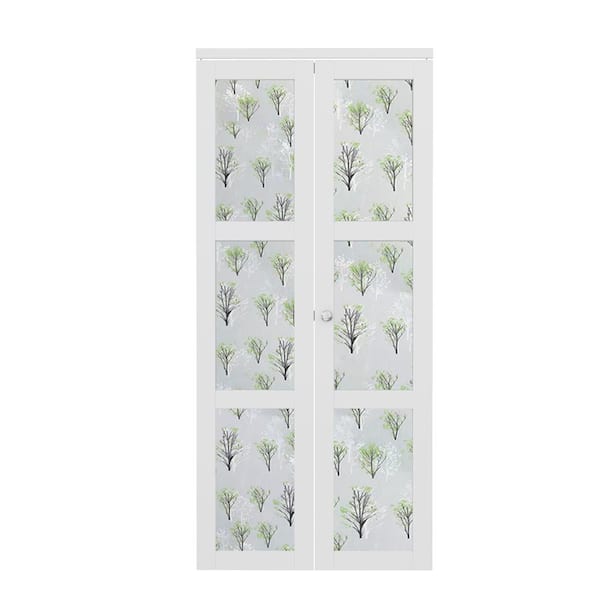 ARK DESIGN 36 in. x 80 in. 3-Lite Tempered Frosted Glass Solid Core MDF White Primed Bi-fold Door with Forest Sticker and Hardware