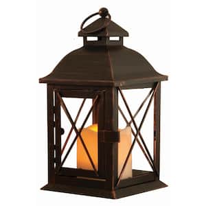 Aversa 10 in. Antique Brown LED Lantern with Timer Candle