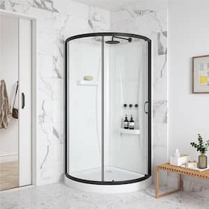 Breeze 34 in. L x 34 in. W x 73.25 in. H Round Corner Drain and Shower Enclosure with Clear Framed Sliding Door in Black