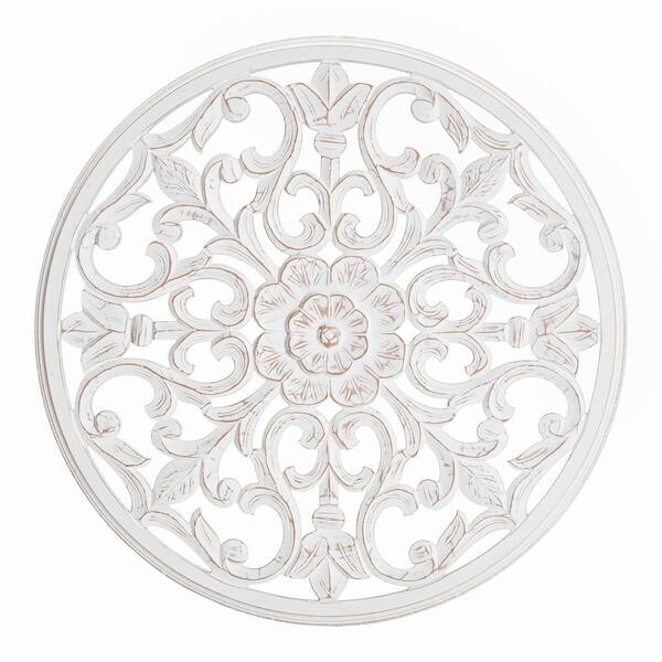 30&#34; Bastia Round Medallion Wall Art White - Brewster: Modern MDF Geometric Carved Decor, Includes Hanging Loops