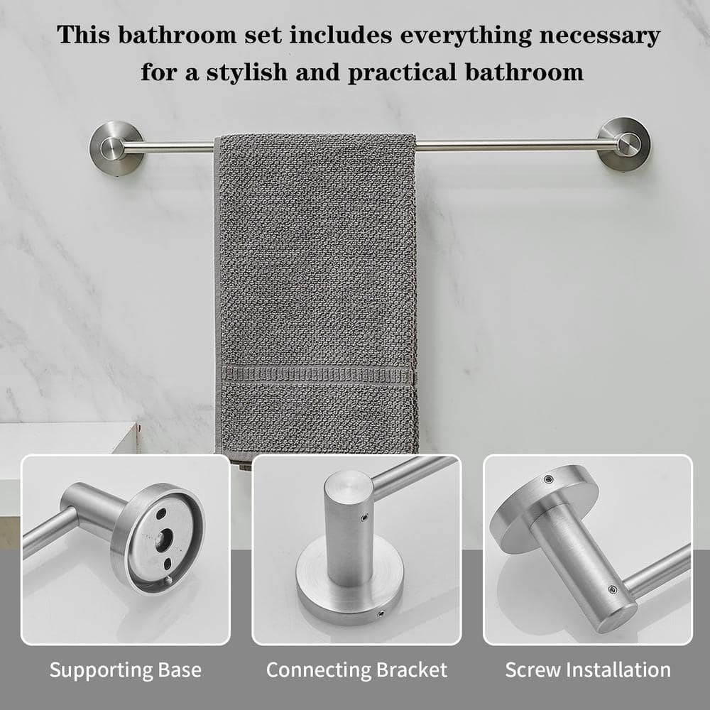 Brushed Nickel 5-Piece Bathroom Hardware Set with Towel Bar and Hooks