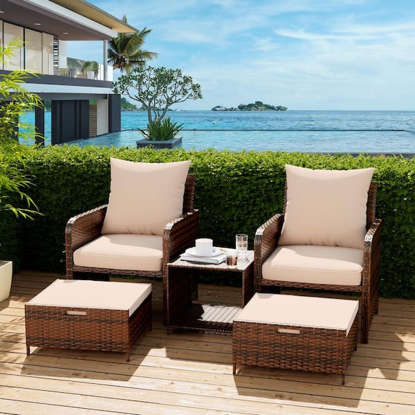 Unbranded 3 of Piece Brown Wicker/Rattan Patio Conversation Sets With Khaki Cushion