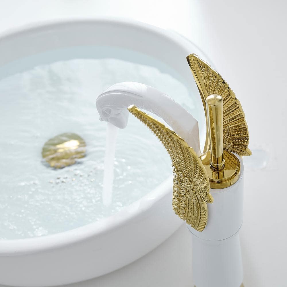 White and Gold Swan Single Handle Bathroom Vessel Faucet