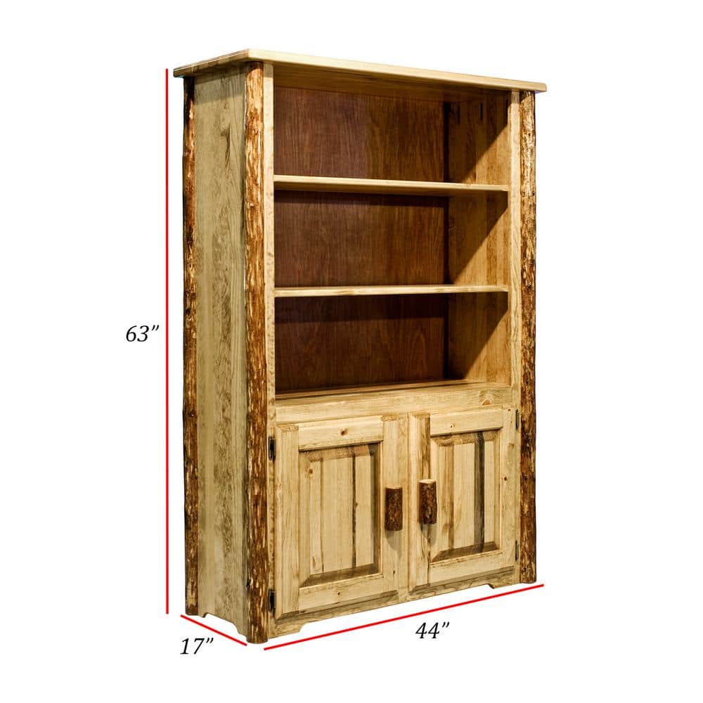 Rustic Brown Solid Pine Wood Bookcase with Doors