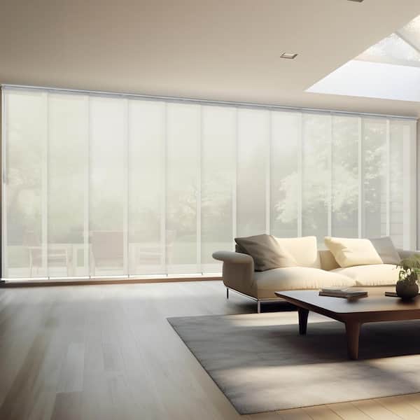 EMOH Ashy Mesh 140 in. - 260 in. W x 116 in. L Adjustable 12-Panel White Double Rail Panel Track with 23.5 in. Slates