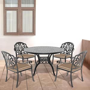 Elizabeth Black 5-Piece Cast Aluminum Outdoor Dining Set with Round Table, Dining Chairs and Random Color Seat Cushion