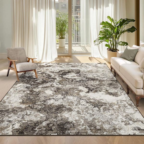 Brown 9 ft. x 12 ft. Abstract Washable Print Anti-stain Anti-slip for Living Room Bedroom Home Décor Area Rug