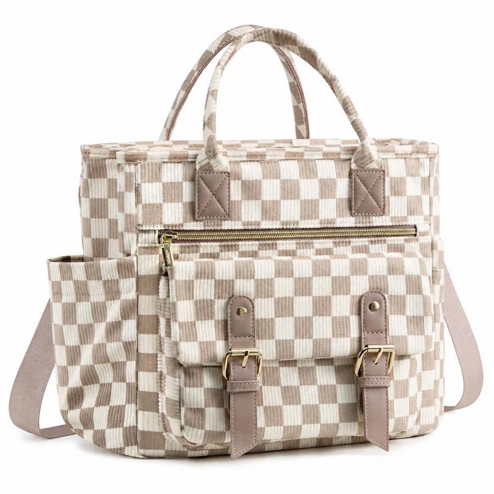 Beige Checkered Lunch Bag Insulated Tote with Wide Opening, Leakproof Lining and Adjustable Strap, 15L