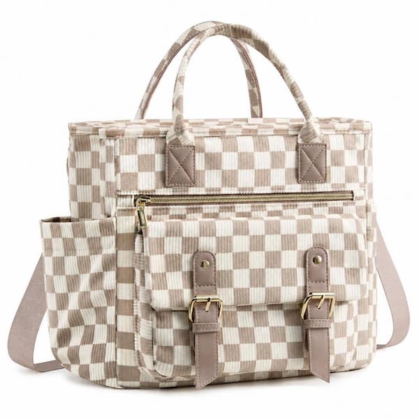 Beige Checkered Lunch Bag Insulated Tote with Wide Opening, Leakproof Lining and Adjustable Strap, 15L