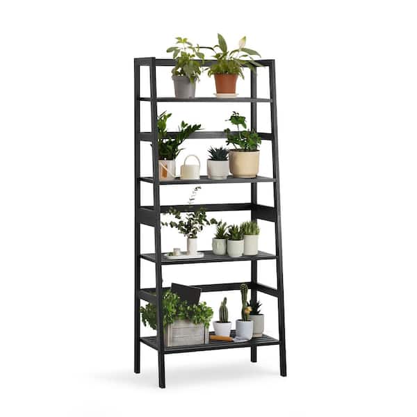 49.4 in. Tall Black Bamboo 4-Shelf Ladder Bookcase with Slatted Shelves