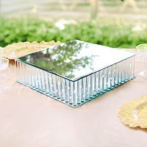 1-Tier Clear Square Mirror LED Fairy Light Up Glass Columns Cake Stand Dessert Display Tray 14 in.