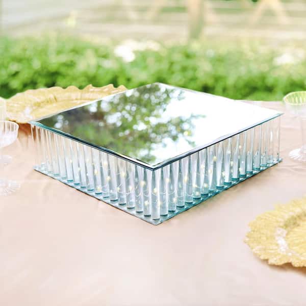 1-Tier Clear Square Mirror LED Fairy Light Up Glass Columns Cake Stand Dessert Display Tray 14 in.